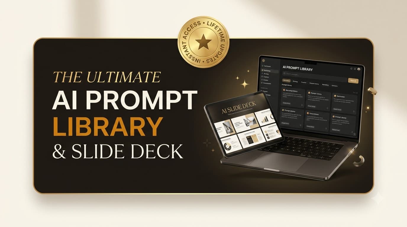 Laptop and tablet showing the AI prompt library interface and a matching slide deck